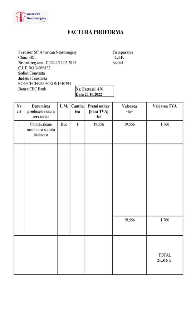 Invoice Proforma implant biological spinal membrane kit for herniated disk surgery American Neurosurgery Clinic SRL
