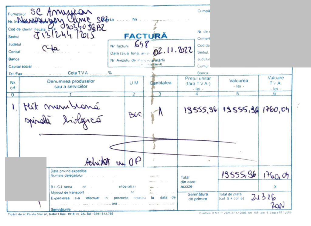 Fiscal Invoice implant biological spinal membrane kit for herniated disk surgery American Neurosurgery Clinic SRL