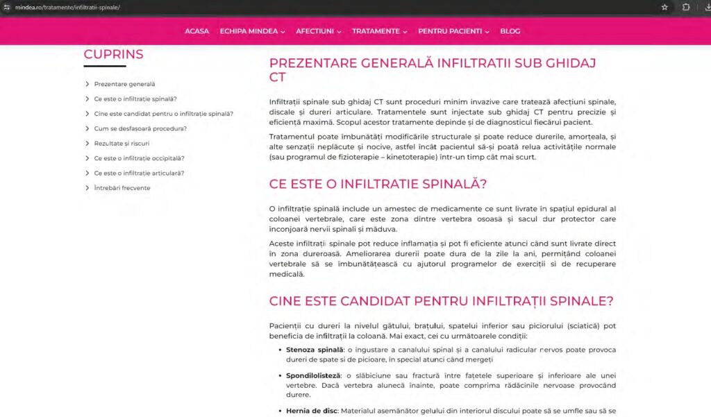 Stefan Mindea website screenshot with presentation of spinal infiltrations under CT guidance