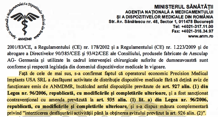ANMDMR Sanction with Prohibition of business activity Precision Medical Implants SRL