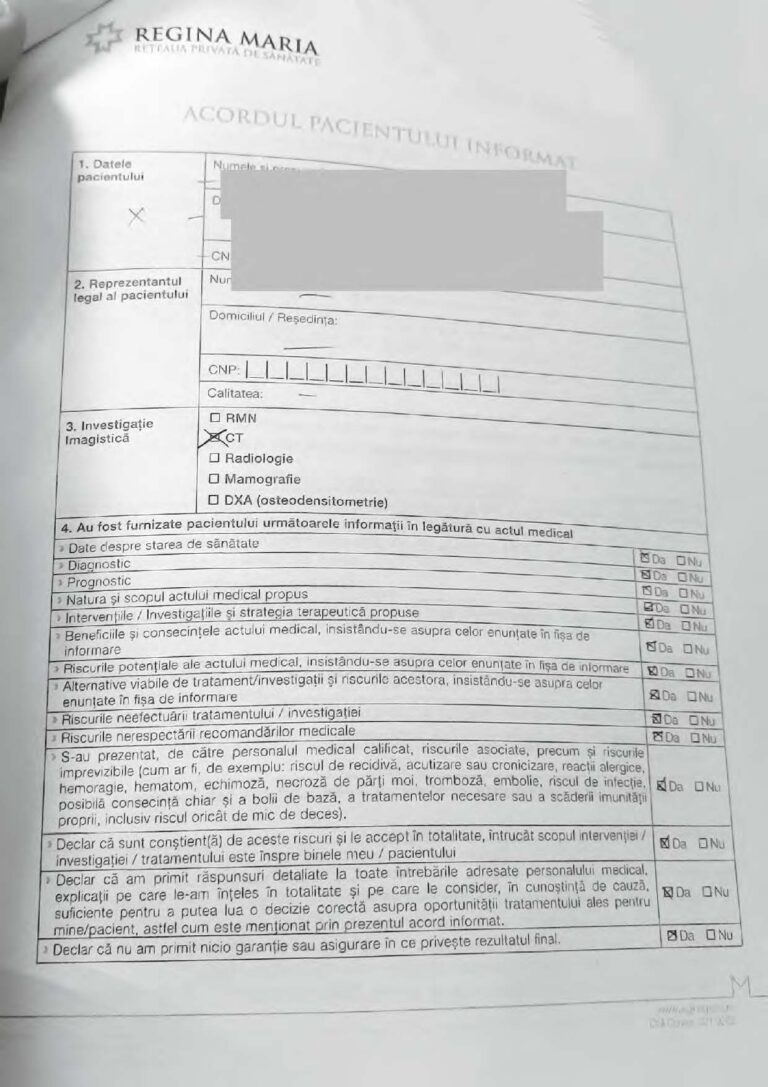 Informed Patient Agreement signed at Regina Maria for CT-guided lumbar injections with Stefan Mindea Page 1