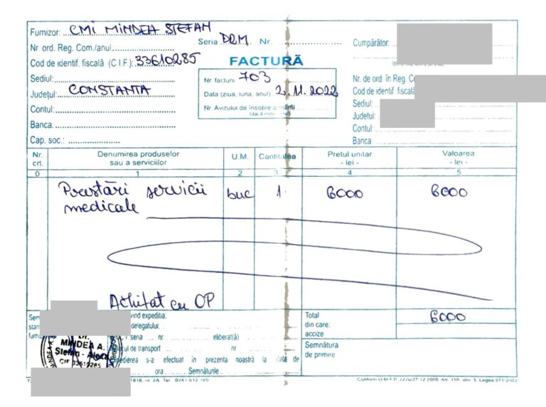 Fiscal Invoice for herniated disk surgery Private Practice Mindea Stefan-Alexa