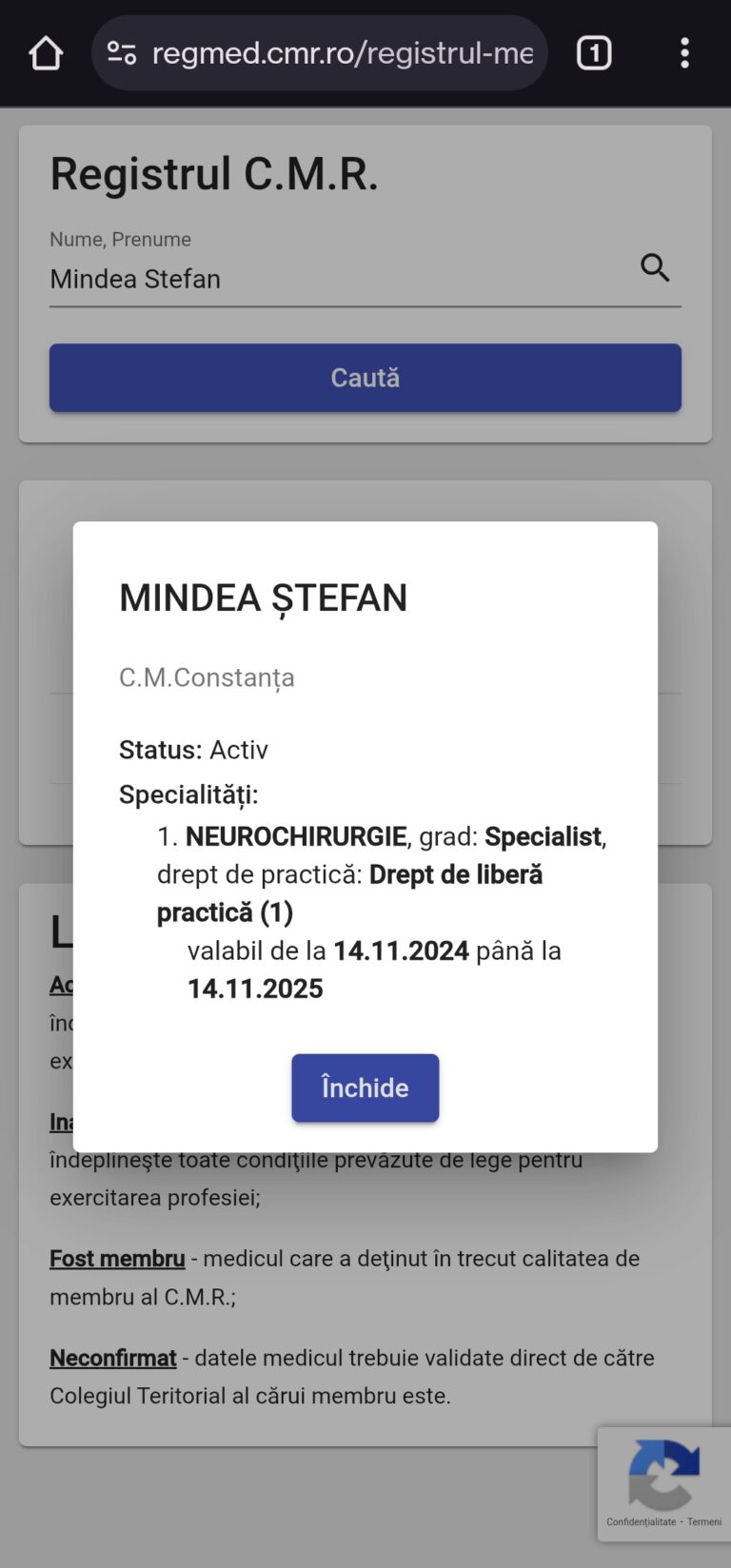 CMR Register Stefan Mindea Specialist in Neurosurgery